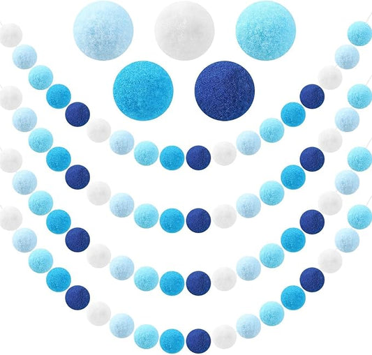MARFOREVER 4 Pack 26.3 FT Hanukkah Pom Pom Garland, 30 Balls Blue White Winter Chanukkah Garland Hanging Supplies for Hanukkah Jewish Classroom Fireplace Wall Birthday Baby Shower Party Decoration