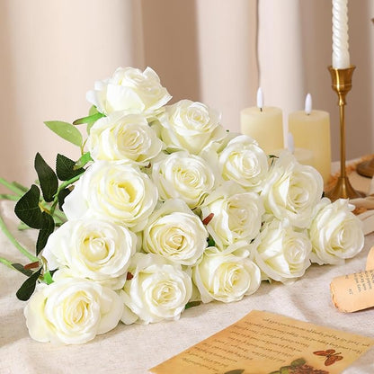 Nubry 50pcs Artificial Silk Roses Bulk,Fake Roses Flower with Stems Realistic Flowers for Wedding Centerpiece Home Party Decor(White)