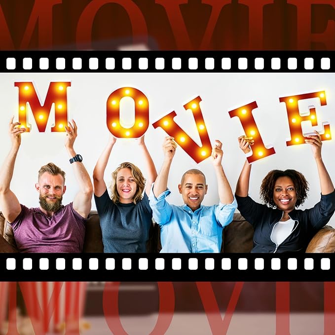Movie Night Light up Letters Sign Party Decor Battery Powered Marquee Lighted Sign Alphabet LED Letter Lights for Xmas Movie Night Theme Party Birthday Home Tabletop Decor Supplies Xmas Gift