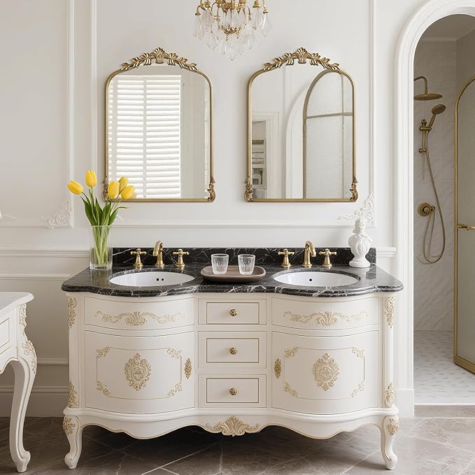 WallBeyond Gold Antique Mirror for Vanity 22x30 Inch, Gold Vintage Wall Mirror with Ornate Frame, Arched Vintage Wall for Bathroom, Living Room, Fireplace