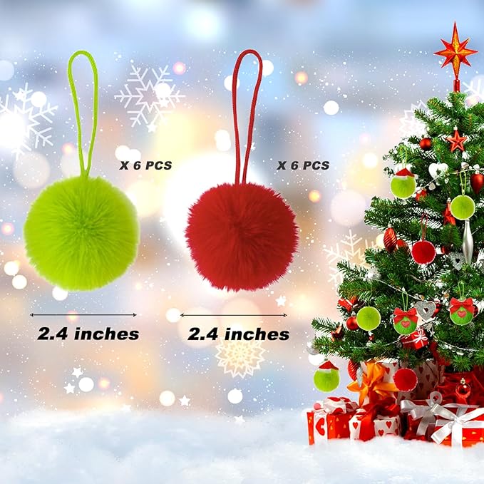 12 Pack Lime Green Furry Christmas Ball Ornaments, 2.36 Inches Soft Fluffy-Pom-Pom Xmas Tree Hanging Decor for Holiday Home Party Fireplace Wall Decoration
