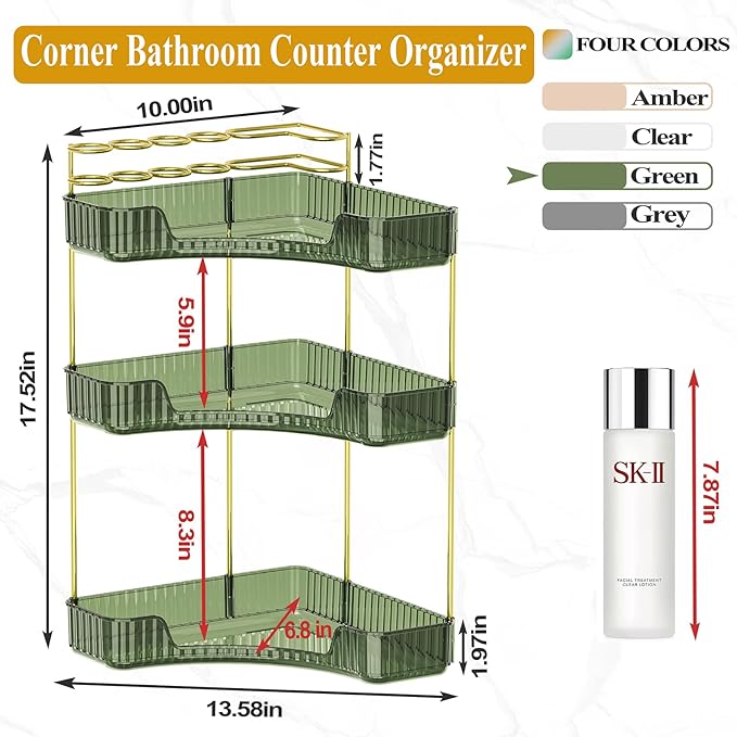 SUNZOS 3-Tier Corner Bathroom Counter Organizer, Bathroom Organizer Countertop with Makeup Brush Holder, Vanity Makeup Cosmetic Storage, Corner Storage Organizers for Dresser