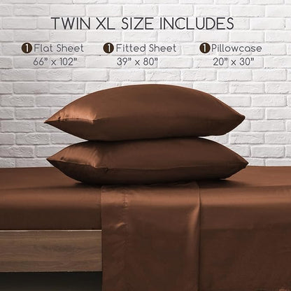 MR&HM Satin Bed Sheets, Twin XL Size Sheets Set, 3 Pcs Silky Bedding Set with 15 Inches Deep Pocket for Mattress (Twin XL, Brown)