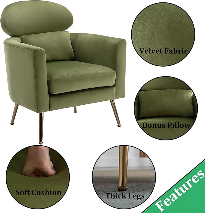 Velvet Accent Chair Set of 2 Comfy Living Room Chair Slipper Chair Mid Century Single Sofa Arm Chair with Golden Legs and Pillow for Bedroom/Guest Room, Olive Green