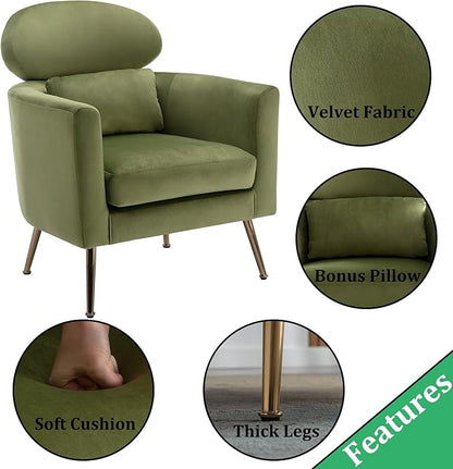 Velvet Accent Chair Set of 2 Comfy Living Room Chair Slipper Chair Mid Century Single Sofa Arm Chair with Golden Legs and Pillow for Bedroom/Guest Room, Olive Green
