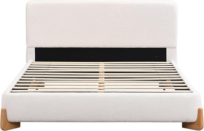 Merax Queen Bed Frame and Headboard, Boucle Upholstered Bed Platform Bedframe, No Box Spring Required, Easy Assembly, White