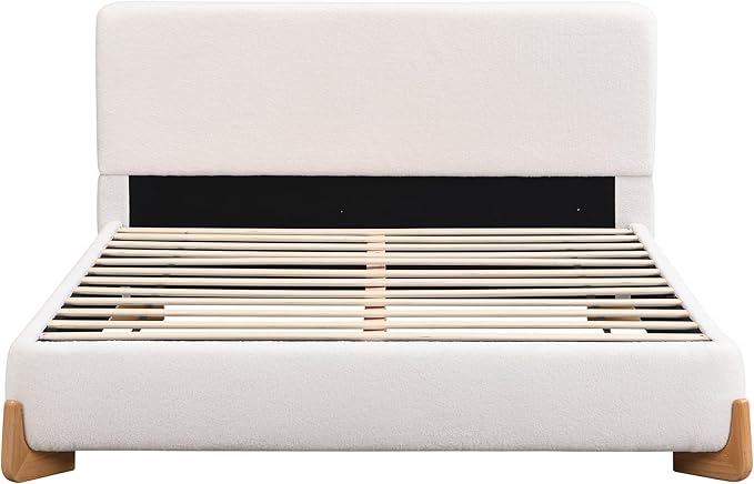 Merax Boucle Upholstered Bed, Full Bed Frame and Headboard, Platform Bedframe, No Box Spring Required, Easy Assembly, White
