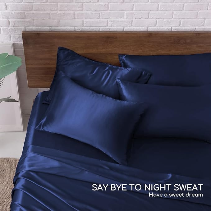MR&HM Satin Bed Sheets, King Size Sheets Set, 6 Pcs Silky Bedding Set with 15 Inches Deep Pocket for Mattress (King, Navy Blue)