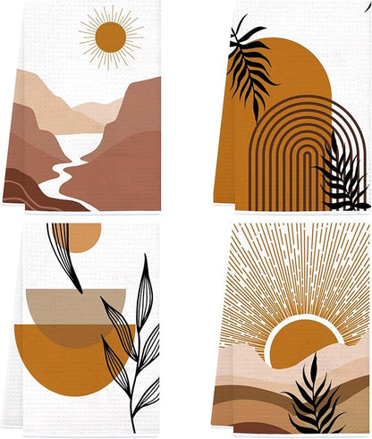 Boho Kitchen Dish Towels 4 Pack Mountains Rivers Sun Absorbent Decorative Tea Towels