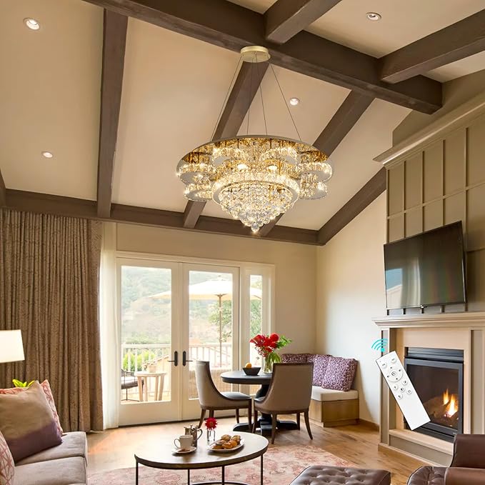 Modern Chandelier Living Room Glam Chandeliers Ceiling Light Fixture Remote Dimmable Lights 32 Inches Luxury Crystal Gold Light