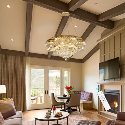 Modern Chandelier Living Room Glam Chandeliers Ceiling Light Fixture Remote Dimmable Lights 32 Inches Luxury Crystal Gold Light