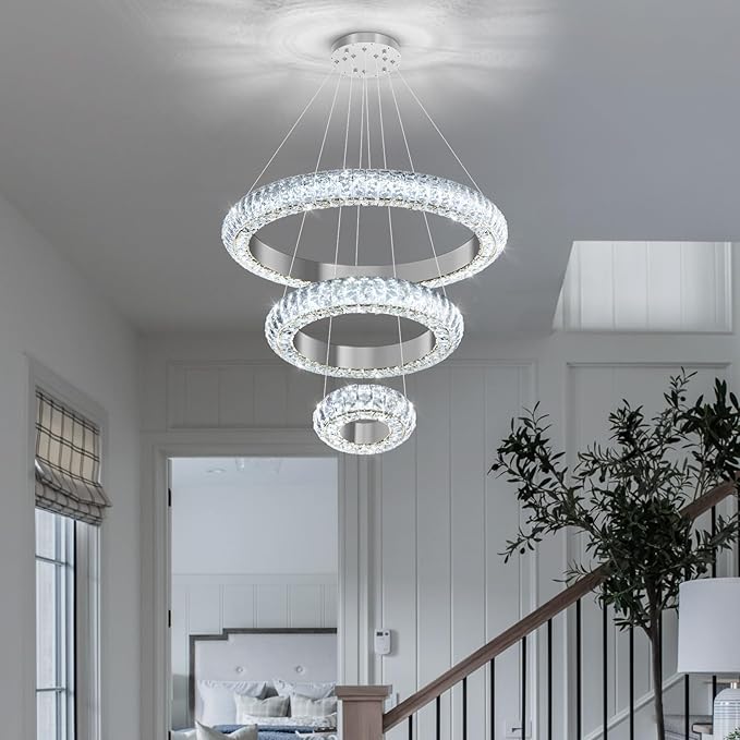 23.6" 3 Ring Crystal Chandelier Modern LED Dimmable Ring Pendant Light Round Chandelier for Dining Room Living Room Silver