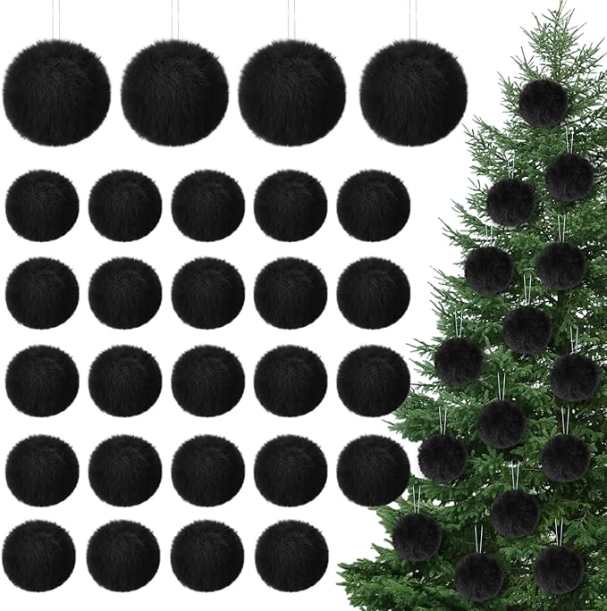 12Pcs Furry Christmas Ball Ornament for Xmas Tree Black Soft Faux Fur Pom Pom Ball Ornaments Christmas Tree Hanging Decorations for Winter Party Home Decor Costume Supplies