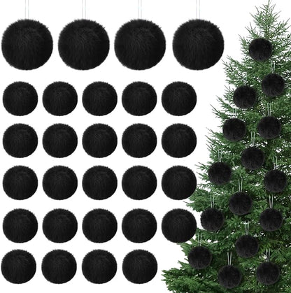 12Pcs Furry Christmas Ball Ornament for Xmas Tree Black Soft Faux Fur Pom Pom Ball Ornaments Christmas Tree Hanging Decorations for Winter Party Home Decor Costume Supplies
