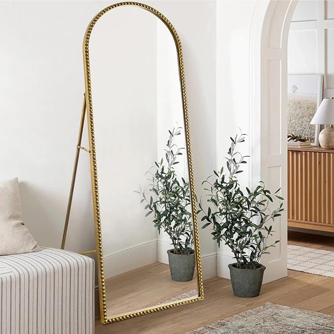 Arch Full Length Mirror with Stand, 65"x22" Floor Standing Large Dressing Standing Mirror Hanging or Leaning Against Wall for Bedroom Living Room, Antique Gold