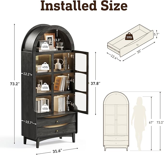 STO'SENSE 73" Tall Arched Bookshelf with LED Lights,4-Tier Modern Farmhouse Arched Bookcase with Glass Doors and Shelves,Wooden Display Cabinet with 2 Drawers for Living Room, Dining Room (Black)