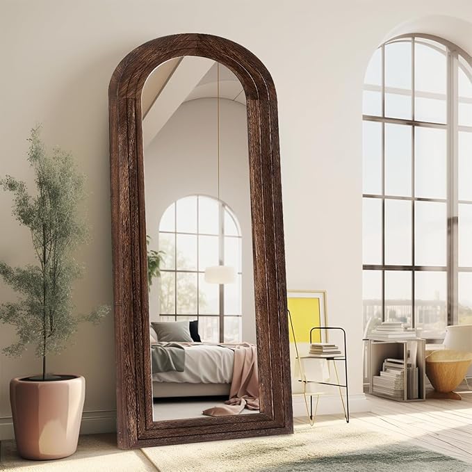 Arched Full Length Mirror with Solid Wood Frame, 65x22 Farmhouse Wall Mounted Floor Mirror with Stand, Vertical Hanging, Leaning Standing for Bedroom, Living Room, Brown