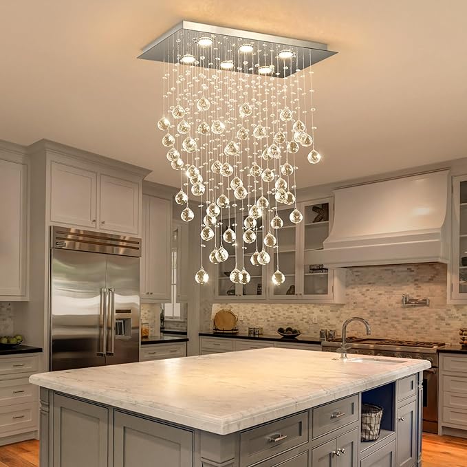 Glam Crystal Chandelier with Bulb Rain Drop Pendants Ceiling Light LED Lighting Rectangular Dining Room Light Fixture Dimmable LED Light