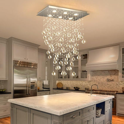 Glam Crystal Chandelier with Bulb Rain Drop Pendants Ceiling Light LED Lighting Rectangular Dining Room Light Fixture Dimmable LED Light