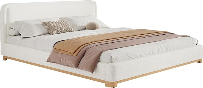 King Size Bed Frame, Upholstered Cloud Boucle Platform Beds Frames with Headboard, Anti-Collision Soft Rounded Corners Footboard, No Box Spring Required, Easy Assembly (40" White, King)