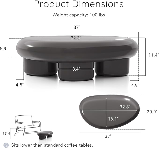 24/7 Shop at Home Kavren Modern 37-inch Oval Glossy Low Profile Coffee Table, Stone Shape Living Room Furniture for Small Space, Dark Grey
