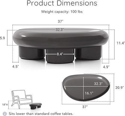 24/7 Shop at Home Kavren Modern 37-inch 3-Piece Oval Glossy Low Profile Coffee Table Set, Stone Shape Living Room Furniture for Small Space, Dark Grey