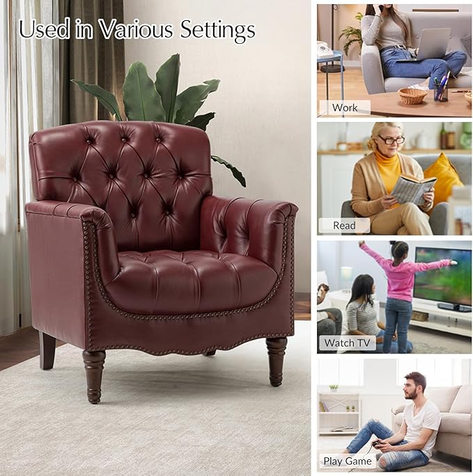 HULALA HOME Mid Century Modern Leather Club Chairs Set of 2, Top-Grain Genuine Leather Armchairs with Button-Tufted Back & Solid Wood Legs, Accent Chairs for Living Room/Bedroom/Home Office, Burgundy