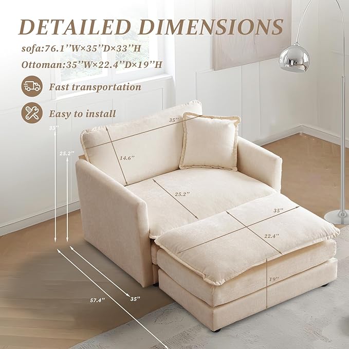 SoarFlash Chenille Sectional Sofa, Comfy Modular Single Sofa with Ottoman, Modern Recliner Deep Seat Sofa Set for Living Room,Light Coffee