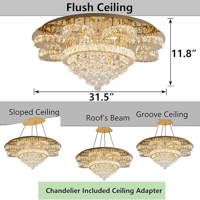 Modern Chandelier Living Room Glam Chandeliers Ceiling Light Fixture Remote Dimmable Lights 32 Inches Luxury Crystal Gold Light