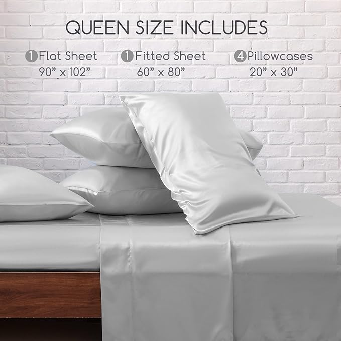 MR&HM Satin Bed Sheets, Queen Size Sheets Set, 6 Pcs Silky Bedding Set with 15 Inches Deep Pocket for Mattress (Queen, Silver Grey)