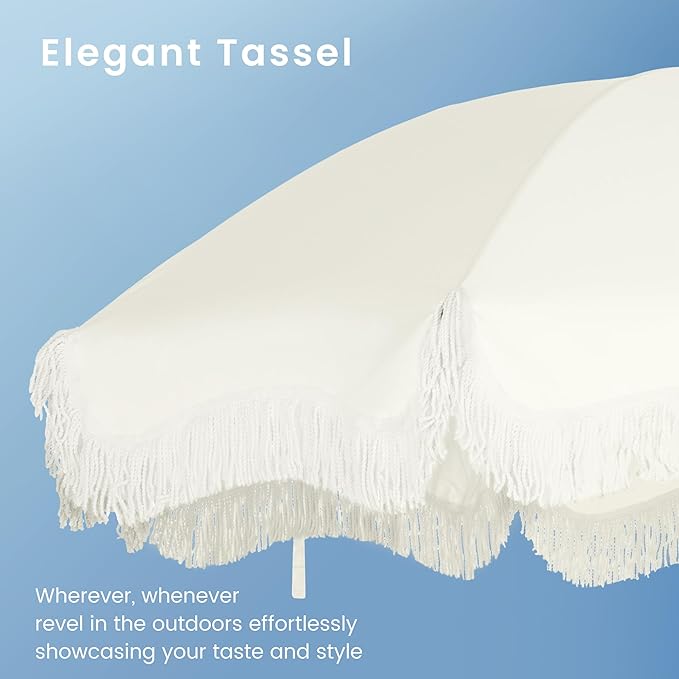 PHI VILLA 7ft Beach Umbrella with Fringe & Sand Anchor, Outdoor Patio Heavy Duty Windproof Portable Tassel Umbrellas for Sand with Push Button Tilt & Carrying Bag, UPF 50+, White(No Base)