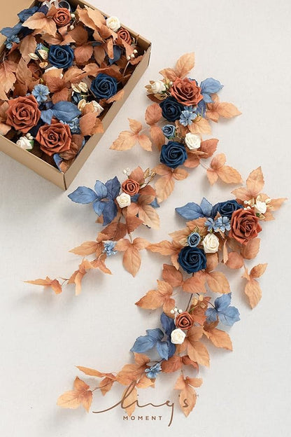 Ling's Moment Fall 10pcs Wedding Chair Decorations Aisle Floral Swag Artificial Pew Flowers Hanging Garland Terracotta Burnt Orange & Navy Blue for Ceremony Reception Church Rose Floral Party Outdoor