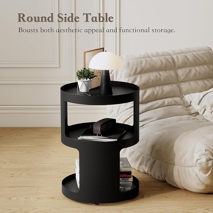XIV Side Table, Round End Table, Modern Nightstand, Metal Accent Table, Small Bed Side Table for Living Room Bedroom, Bedside Table, Night Stand, No Assembly Required (Black, Round)
