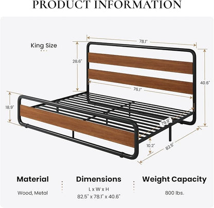 SHA CERLIN King Size Metal Bed Frame with Wooden Headboard and Footboard, Heavy Duty Platform Bed Frame with 10" Under-Bed Storage, Noise-Free, No Box Spring Needed, Vintage Walnut