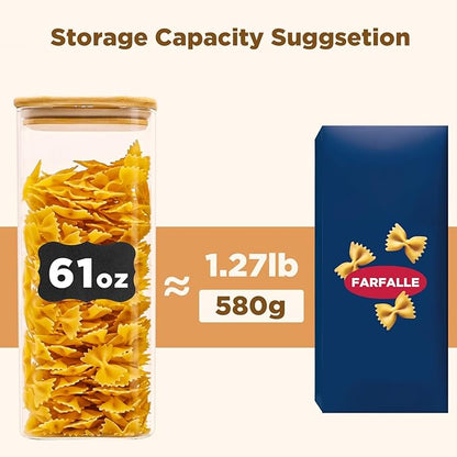 Glass Food Storage Jars Square 61oz, 3 Pack Glass Jars With Bamboo Lids, Kitchen Storage Containers For Spice, Candy, Cookie, Storage For Pantry Organizers