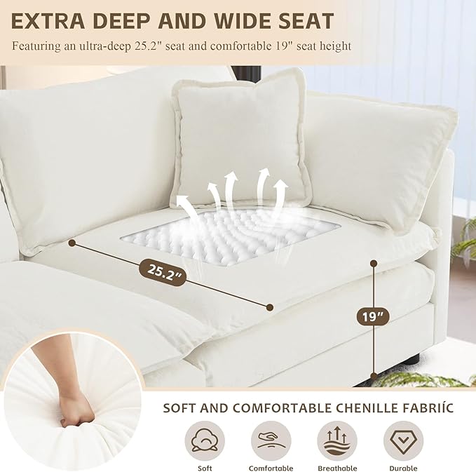 SoarFlash Chenille Sectional Sofa, Comfy Modular Coush Sofa with Ottoman, Modern 3 Seat Recliner Deep Seat Sofa Set for Living Room,White