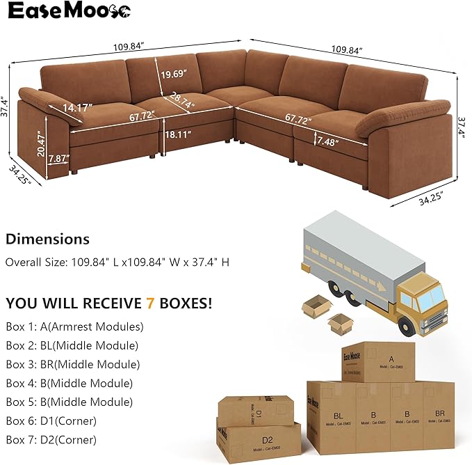 EASE MOOSE White Chenille Sectional Modular Sofa,Oversized L Shape Sectional Couch Wide Deep Modular Sofa Couch,Brown