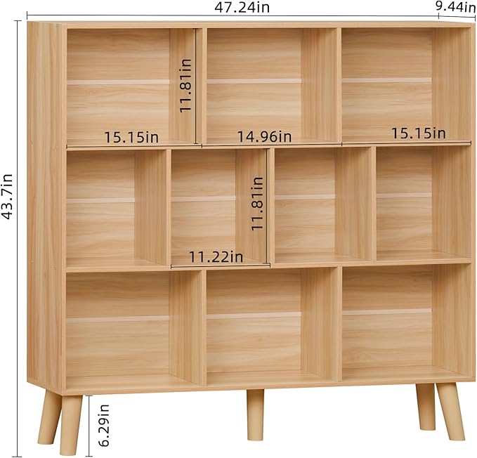 LEYAOYAO 10 Cube Bookshelf,3 Tier Modern Wide Bookcase with Legs,Mid-Century Wood Bookshelves Storage,Natural Large Book Case,Freestanding Organizer Display Shelf for Bedroom,Living Room,Office