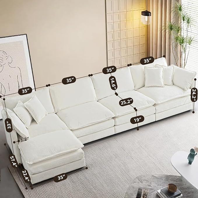 SoarFlash Chenille Sectional Sofa, Comfy L Shaped Modular Coush Sofa with Ottoman, Modern 4 Seat Couch Deep Seat Sofa Set for Living Room,White