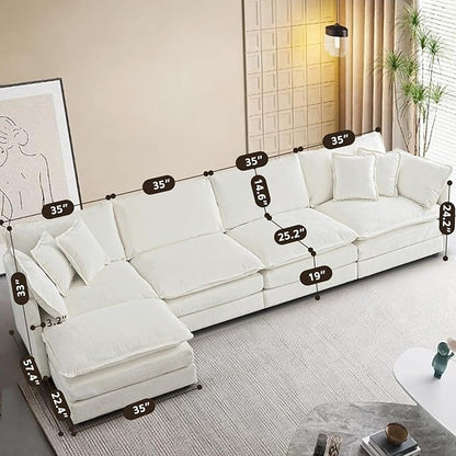 SoarFlash Chenille Sectional Sofa, Comfy L Shaped Modular Coush Sofa with Ottoman, Modern 4 Seat Couch Deep Seat Sofa Set for Living Room,White