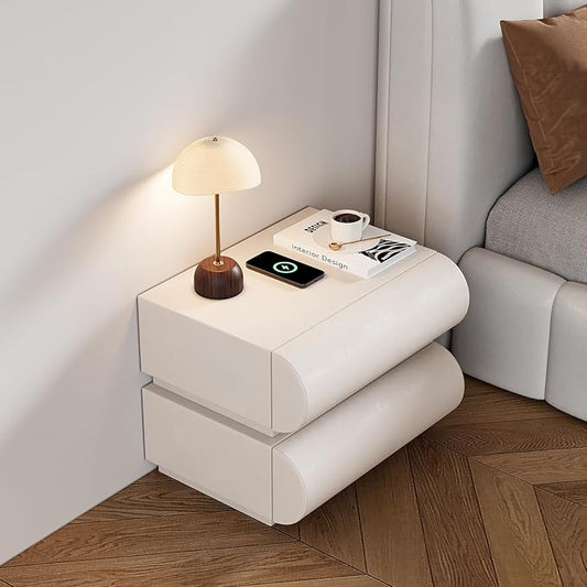 homary Smart Nightstand with Wireless Charging, USB & Type-C Ports – Modern White Faux Leather Nightstand with 2 Drawers, Bedside Table with Charging Station for Bedroom Living Room