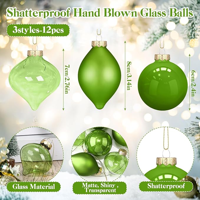 Zomiboo 12 Pcs Lime Green Glass Christmas Ball Ornaments Set 3.15" Hanging Shatterproof Glass Bulbs for Christmas Tree Baubles Bulk for Holiday Xmas Tree Decorations Gifts