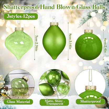 Zomiboo 12 Pcs Lime Green Glass Christmas Ball Ornaments Set 3.15" Hanging Shatterproof Glass Bulbs for Christmas Tree Baubles Bulk for Holiday Xmas Tree Decorations Gifts