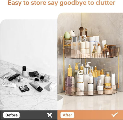 Corner Bathroom Counter Organizer with Makeup Brush Holder & Toothbrush Holders, Makeup Organizer for Vanity Countertop, Acrylic Skincare Storage Shelf (Amber, 2-Tier)