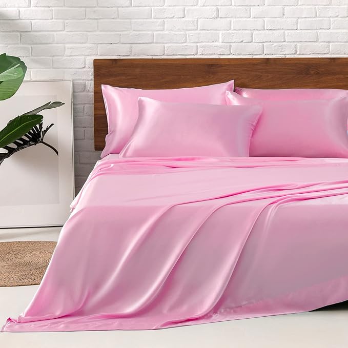 MR&HM Satin Bed Sheets, King Size Sheets Set, 6 Pcs Silky Bedding Set with 15 Inches Deep Pocket for Mattress (King, Pink)