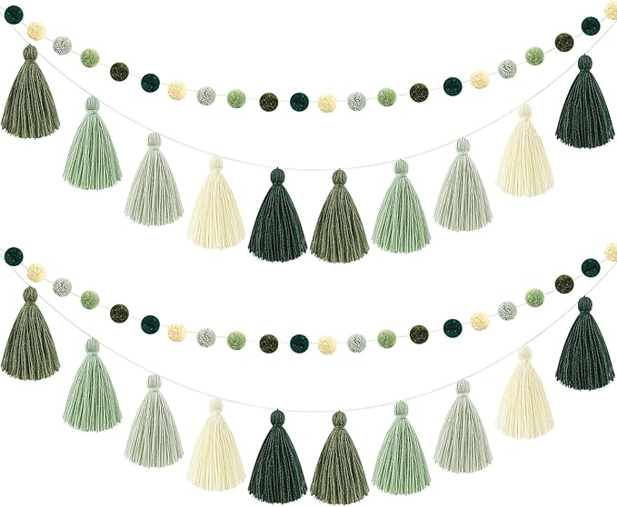 Syhood 4 Pcs Christmas Pom Pom Tassel Garland Felt Pompom Ball Banner Christmas Tassel Garland for Xmas Tree Hanging Decorations Party Supplies Home Decor(Sage Green)