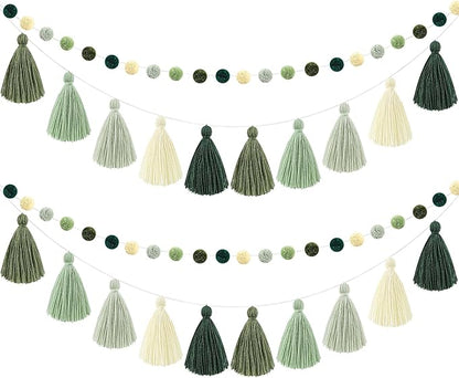 Syhood 4 Pcs Christmas Pom Pom Tassel Garland Felt Pompom Ball Banner Christmas Tassel Garland for Xmas Tree Hanging Decorations Party Supplies Home Decor(Sage Green)