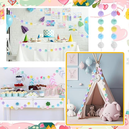 2 Pack Large Pom Poms Garland Hanging Decorations Colorful Soft Faux Rabbit Fur Ball Garland for Easter Xmas Holiday Wedding Baby Shower Birthday Party Supplies(Pastel Color,2.36 Inch)