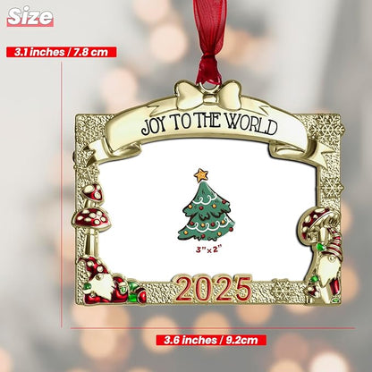 2025 Christmas Ornaments 3x2 inch Picture Frame Metal Hanging Pendant for Tree Small Decorative Keepsake, Display Photo for Baby and Pet (Gnome Gold (2025))
