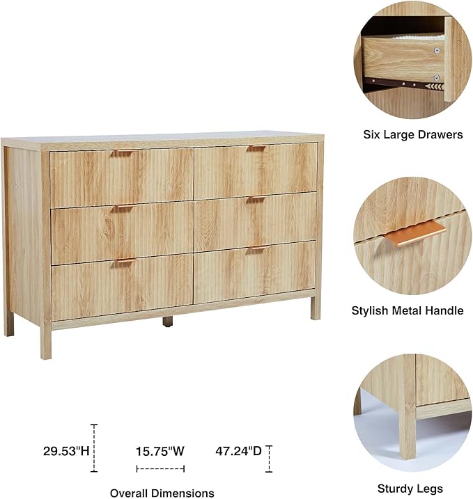Fluted 6 Drawer Double Dresser for Bedroom, 47" Wide Modern Closet Dressers Chest of Drawers, Wood Storage Dresser Organizer for Nursery Bedroom Living Room Hallway Closet,Natural